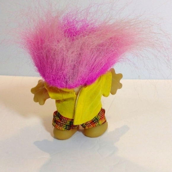 Vintage Dam 1986 PVC Troll Doll Purple Hair Yellow Shirt Plaid Pants - Picture 2 of 7